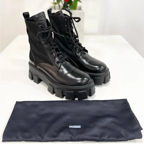 PRADA Monolith 55 Leather Nylon Lug-Sole Combat Boots